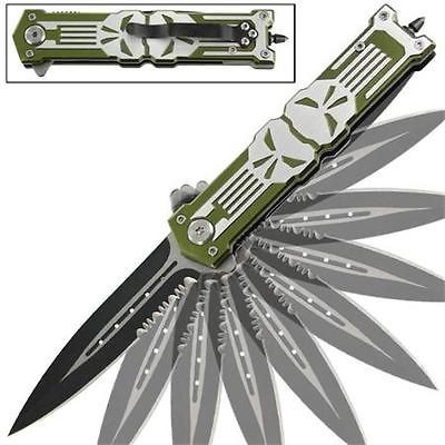 NEW Green Dual Skull Punisher Stiletto Spring Assist Pocket Knife