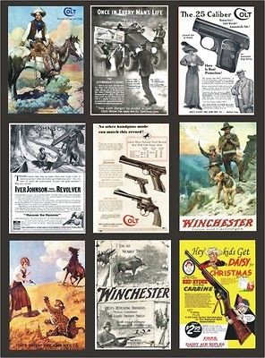 Set of 9 Vintage Style GUN ADV. Fridge Magnets   Rifles, Hand Guns, BB 