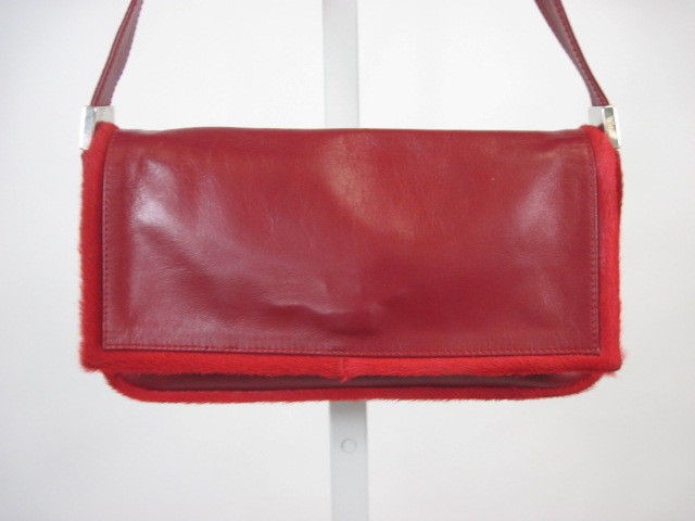 sergio rossi red leather pony skin trimmed handbag bag