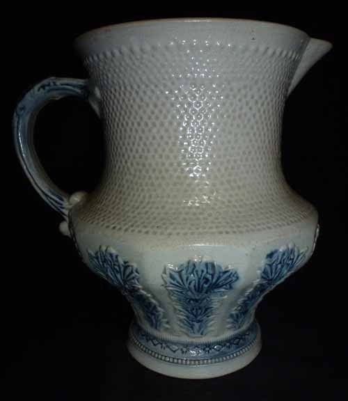 ANTIQUE 1890s WHITES UTICA STONEWARE PITCHER W BLUE ACANTHUS LEAVES 