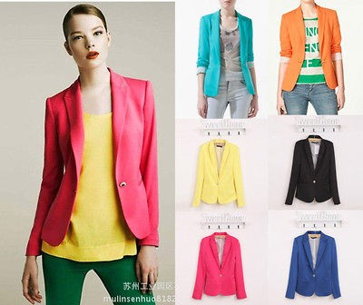 New Fashion Candy Color Basic Slim Foldable Suit Jacket Blazer XS S M 