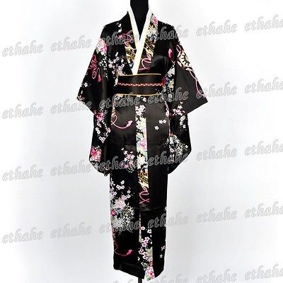 Deluxe Satin Kimono Robe Yukata Japanese Dress w/ Obi One Size Black 