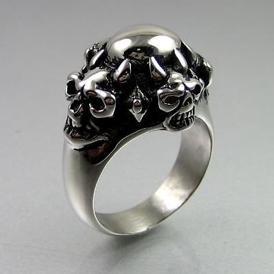   Black Silver Stainless Steel 4D Skull Guard Round Dome Ring Size 11