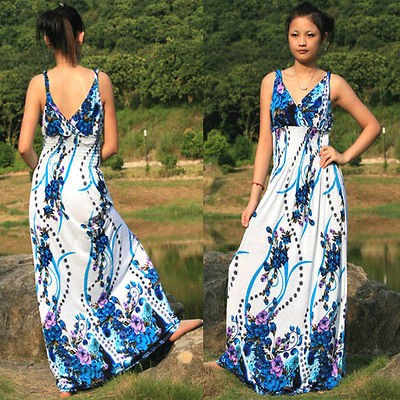 6D53 Blue size XL Womens Shining summer Deep V BOHO Long Maxi Party 