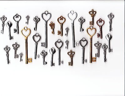   Look Antique Skeleton REPLICA keys Ast Styles HEART CHARMS skelton 29