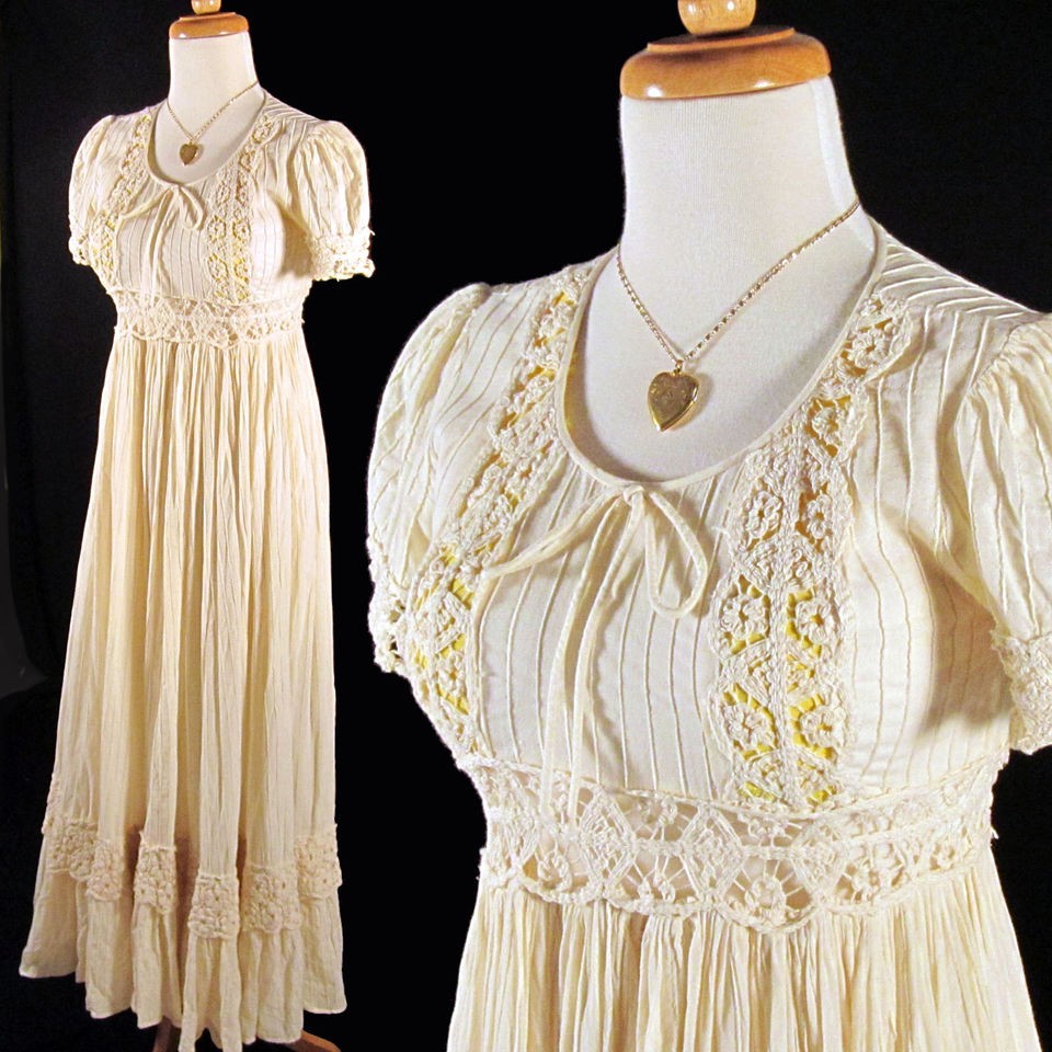 vintage 70s MAXI DRESS cream CUT OUT wedding BOHO lace GYPSY festival 