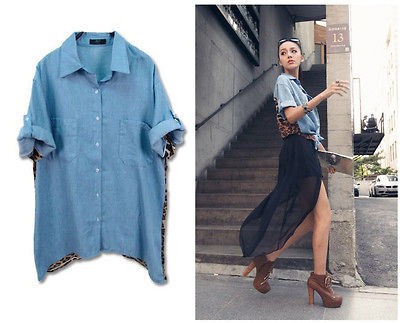   Leopard Women Top S Button Shirt Blouse Retro Denim Chiffon Tops