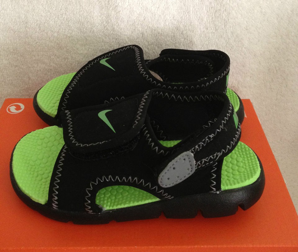 NIKE SUNRAY ADJUST KIDS BOYS GIRLS BLACK & GREEN SANDALS FLIP FLOPS 