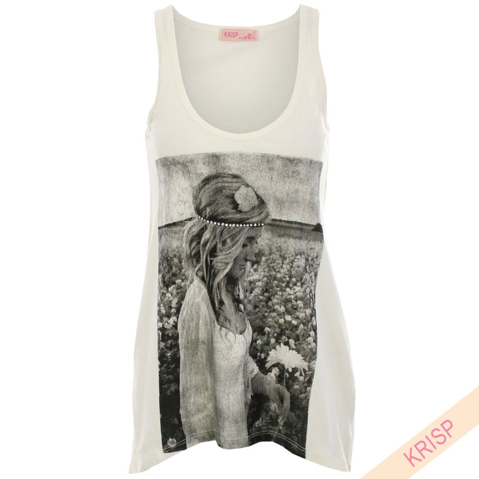 Hippy Printed Top T Shirt Vest Sequin Embellished Hanky Floaty Hem 