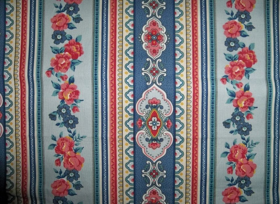   Deux Gatsby Floral Stripes Fabric 10 yards Federal Blue Rose White