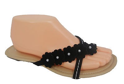 New Nichole Simpson Black Flowers Pealsr Thong Flat Slide Women 