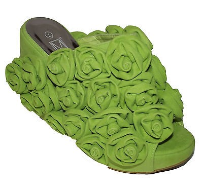 MAKERS NEW GREEN FLOWER FLORAL MULE WEDGE PEEP TOE PLATFORM WOMEN 