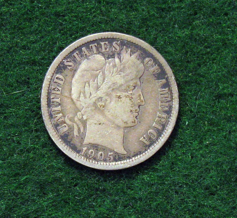 1905 o f barber silver dime  left