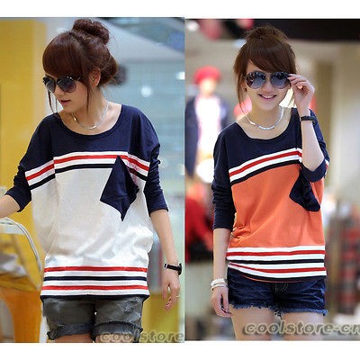 Korean Women New Autumn Cat Bat Sleeve Loose T shirt Orange/White N612 