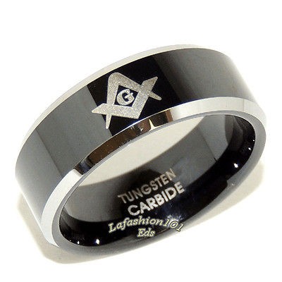 Black Ion Plated Tungsten Mens Masonic Freemason Beveled Ring SZ 9,10 