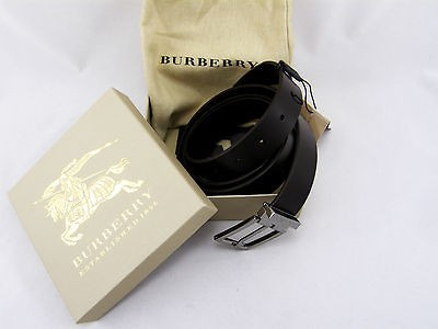 280 BURBERRY Brown Leather Silver Logo Buckle Nova Check Mens Belt 