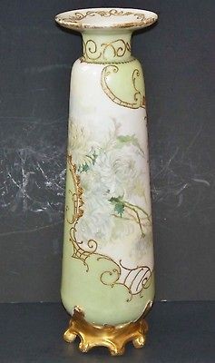 Limoges Antique Porcelain 13 Tall Vase Scalloped Foot Gold Enamel 