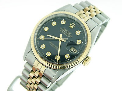   2Tone 18k Yellow Gold/Steel Datejust Date Watch w/Black Diamond Dial