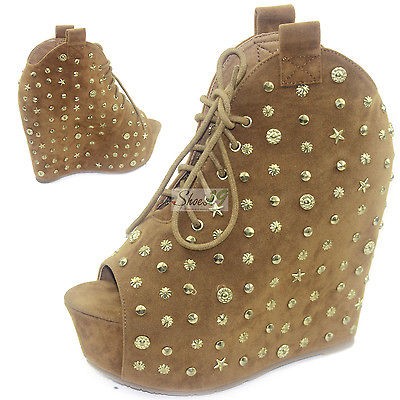 Camel Galaxy Super Sexy Platform Wedge Peep High Heel Studs Ankle 