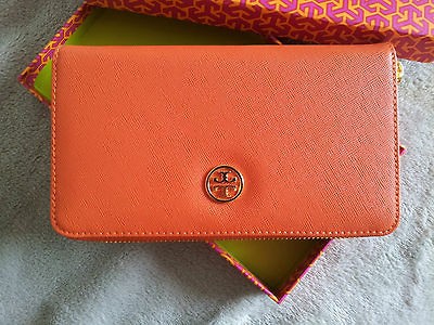 TORY BURCH ROBINSON ZIP LOGO Orange SAFFIANO LEATHER WALLET Boxed