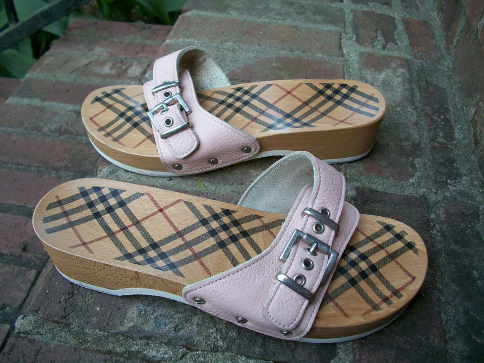 BURBERRY PALE PEACHY PINK LEATHER WOOD FLIP FLOP SLIDE SANDAL 38 7.5 8 