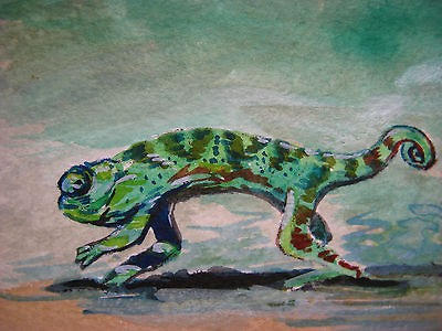 Original Painting Chameleon 2.5 x 3.5 watercolor and acrylic. USA 