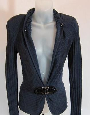 ZAC POSEN NAVY BLUE RIBBED CARDIGAN SWEATER BLACK PATENT SILVER BUCKLE 