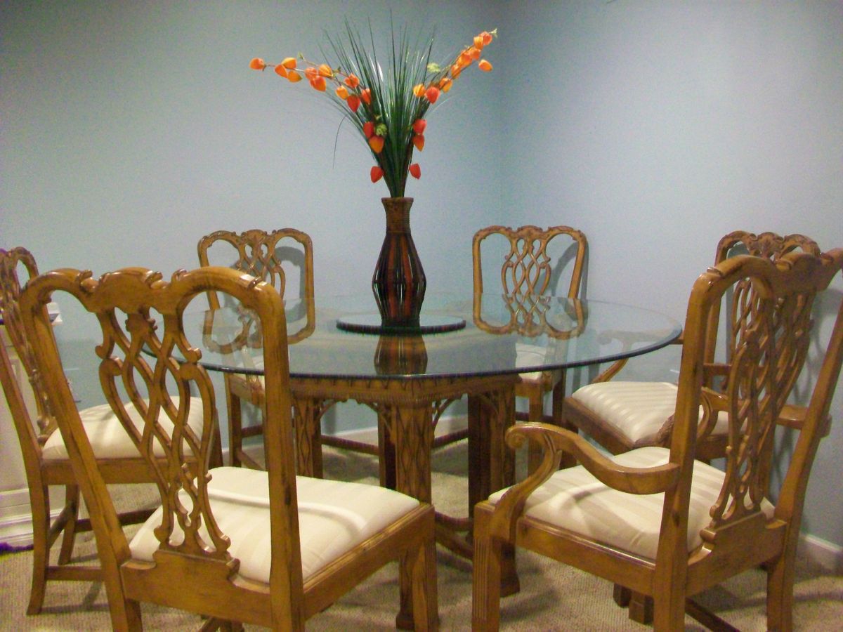    Shuptrine Glass Oak Table With 6 Oak Chairs 5 Ft Long Art Van NR HTF