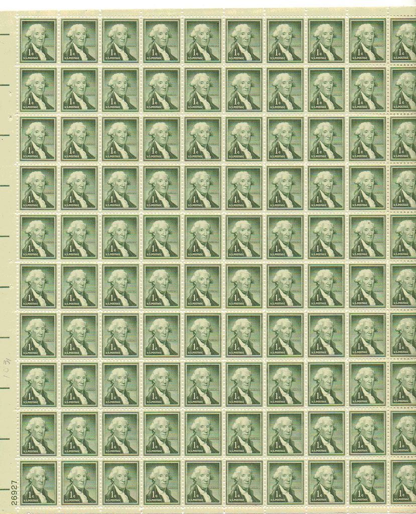 George Washington Sheet of 100 x 1 Cent US Postage Stamps NEW