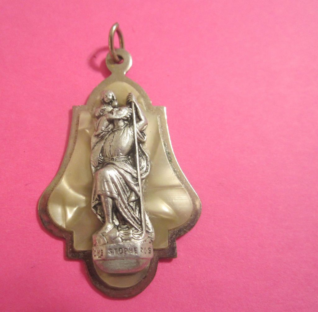 ANTIQUE ST. CHRISTOPHER RMOTHER OF PEARL RELIGIOUS ROSARY MEDAL FROM 