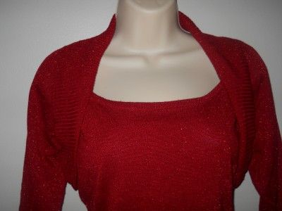 AB Studio Red Dressy Holiday Sweater Shrug Attached Metallic Threading 