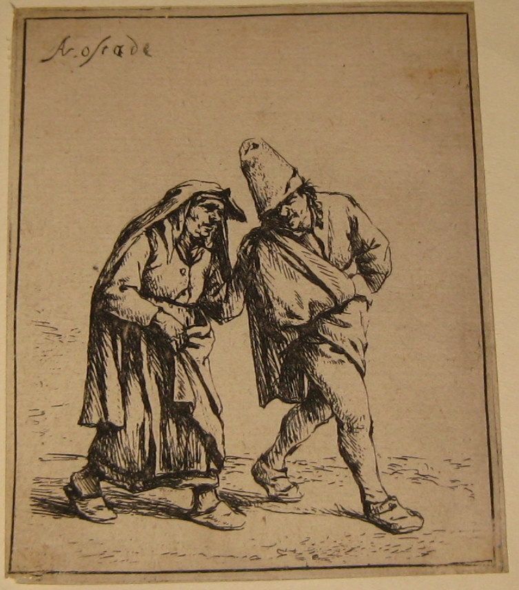 Antique C1638 Adrien Van Ostade Couple Walking Etching