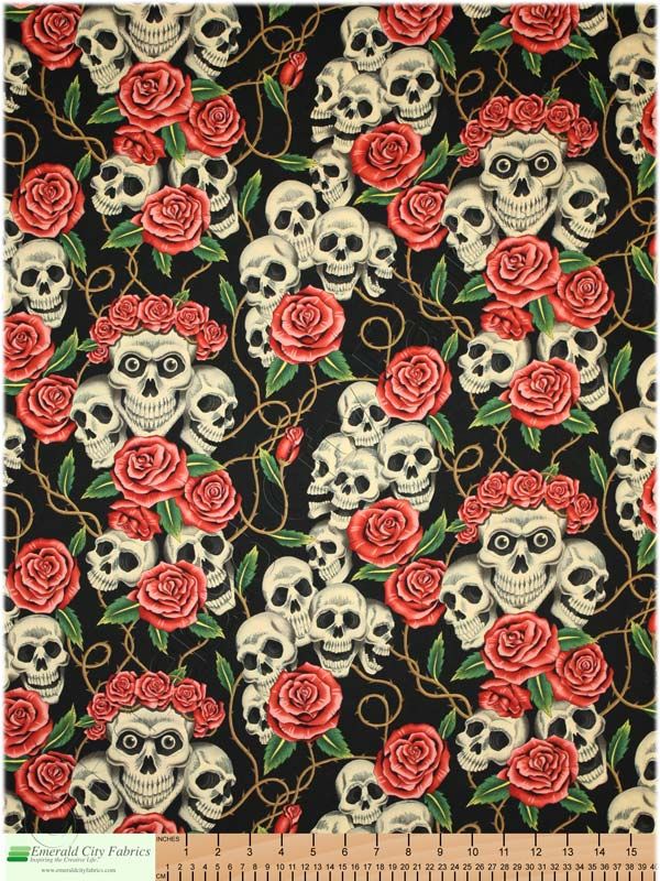 Alexander Henry Rose Tattoo Black Tea Skulls Fabric Yd