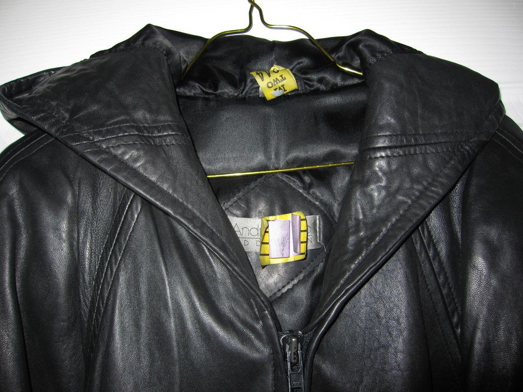 Andrew Marc Black Leather Coat Jacket w Hood L 12 14