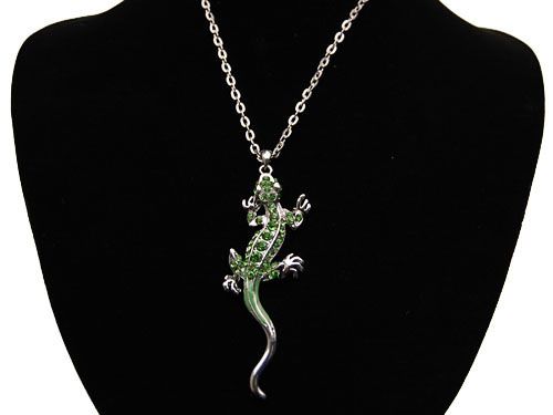   Painted Rhinestone Crystal Long Anole Lizard Pendant Necklace