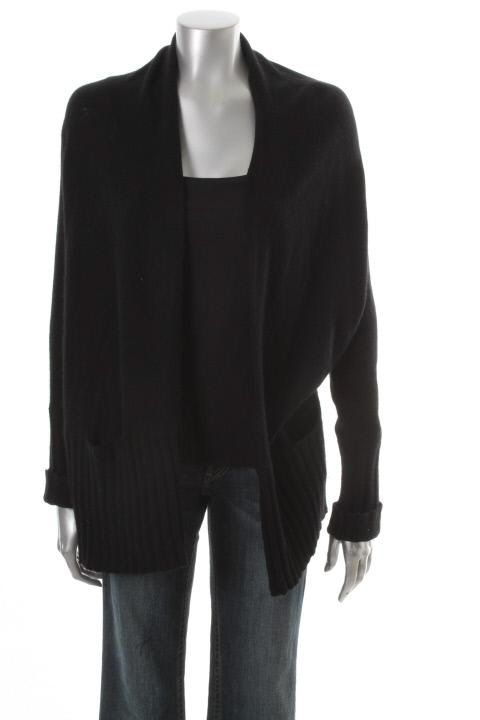 Aqua New Black Cashmere Ribbed Trim Long Sleeve Open Front Cardigan 