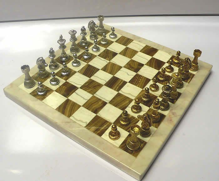 Sterling Silver Chess Set with Stone Inlaid Playing Board 1975