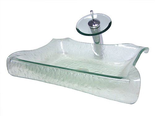 New Artistic Bath Tempered Glass Vessel Sink & Chrome Waterfall Faucet 