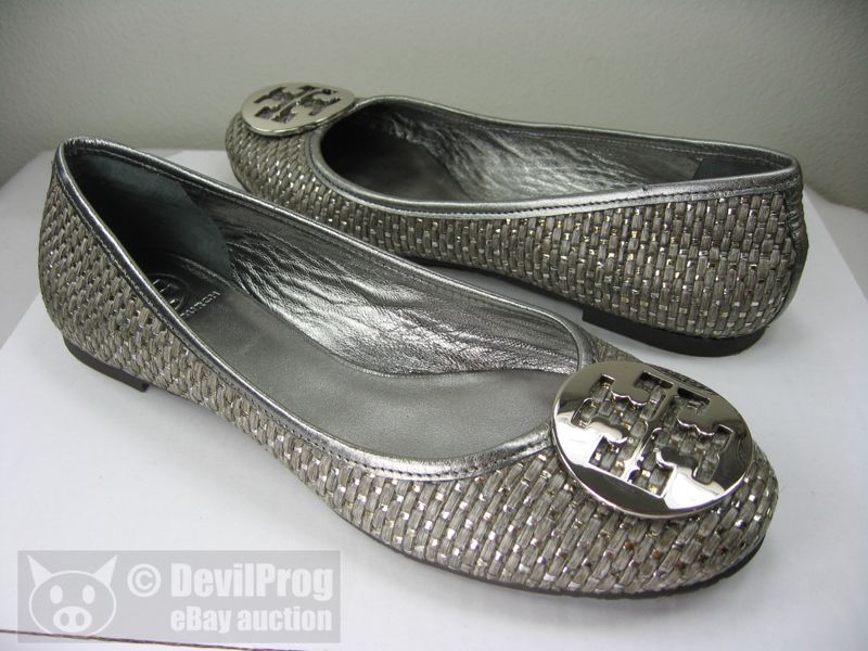 Tory Burch Reva Woven Ballet Flat Pewter Silver Logo 9