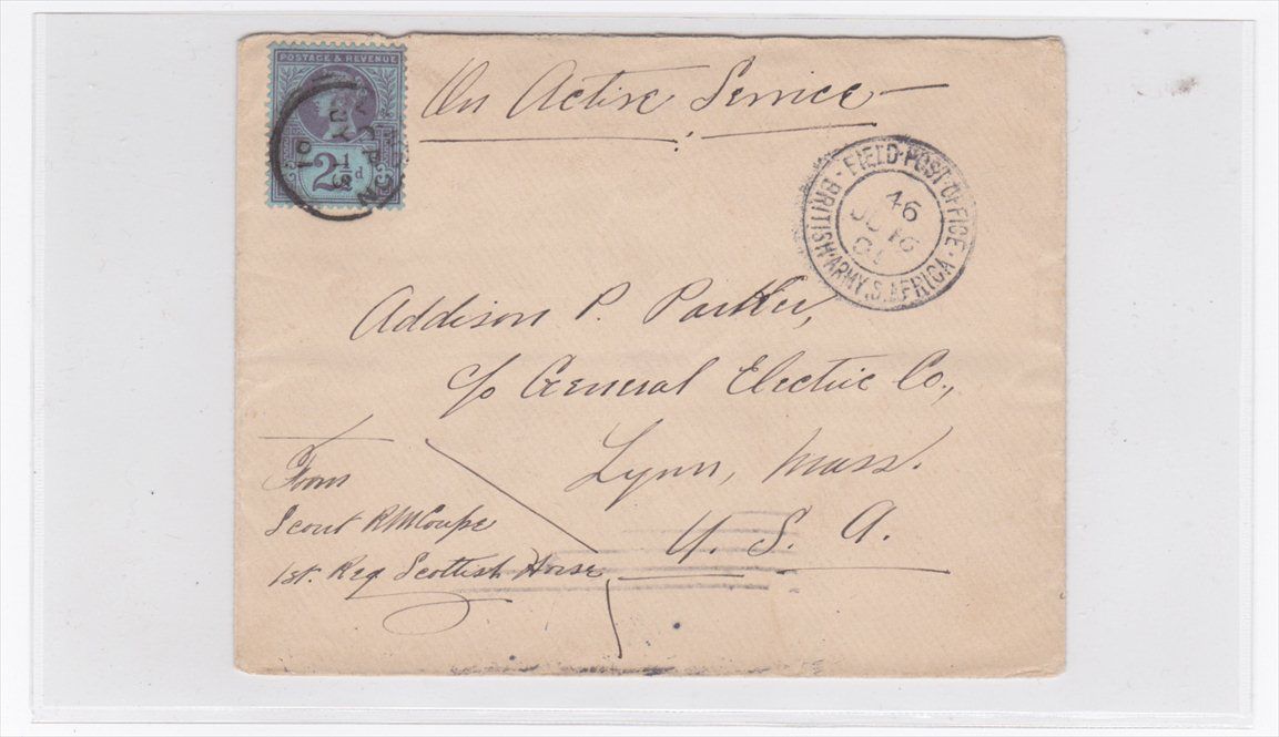 British FPO South Africa 1901 BOER War Cover to US Lynn MA