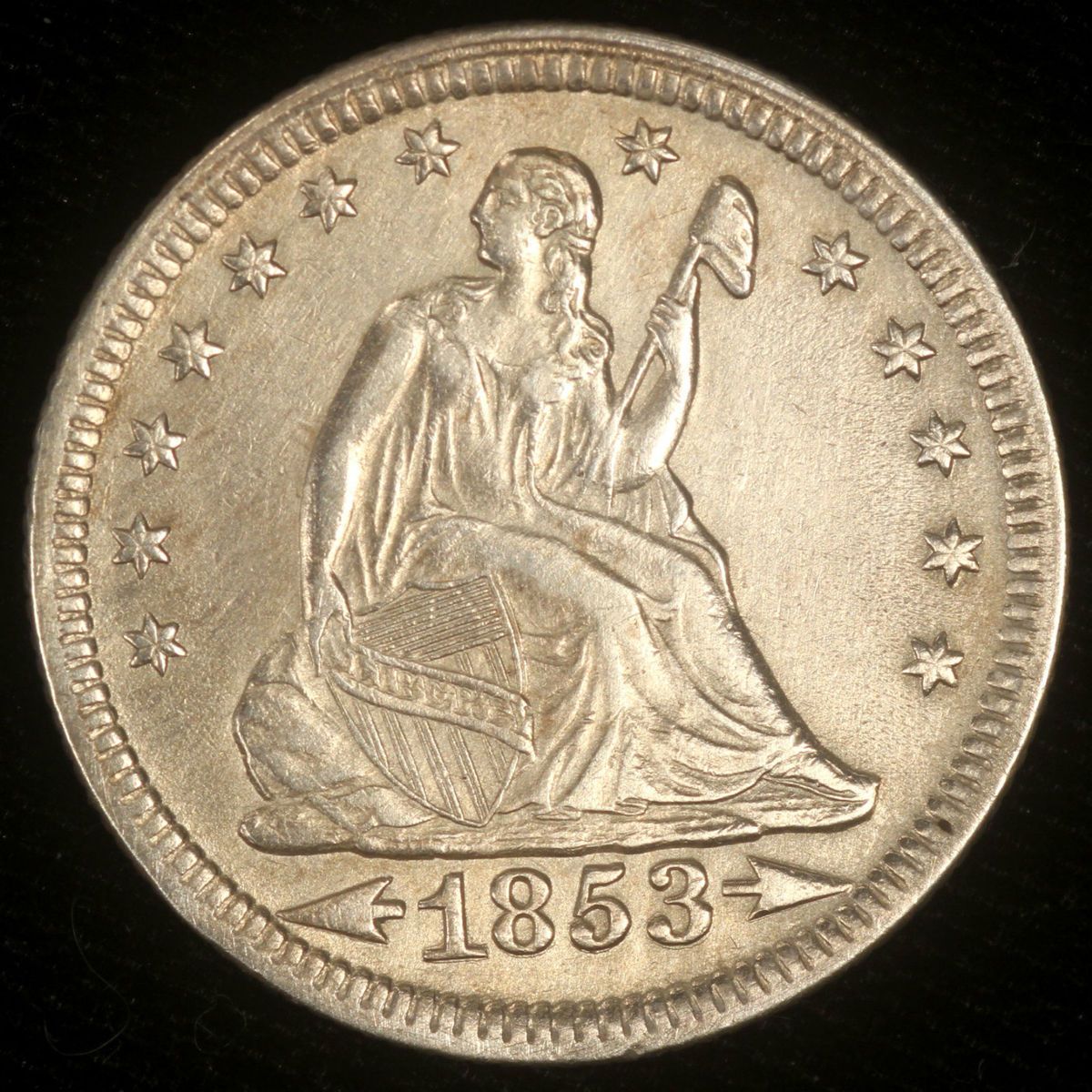 1853 Seated Liberty Quarter Great Luster w Sharp BU UNC Slider Details 