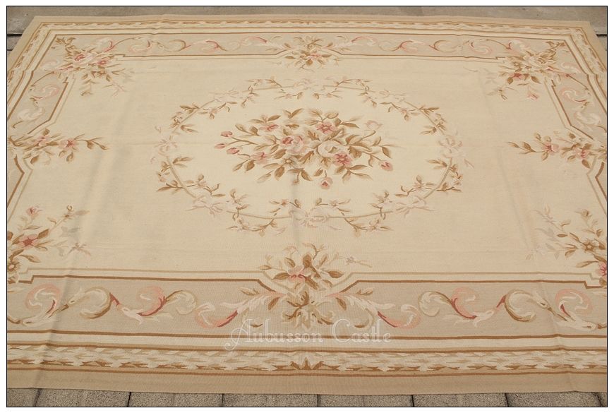 9x12 Aubusson Area Rug Pink Roses Light Blue Background Wool French 