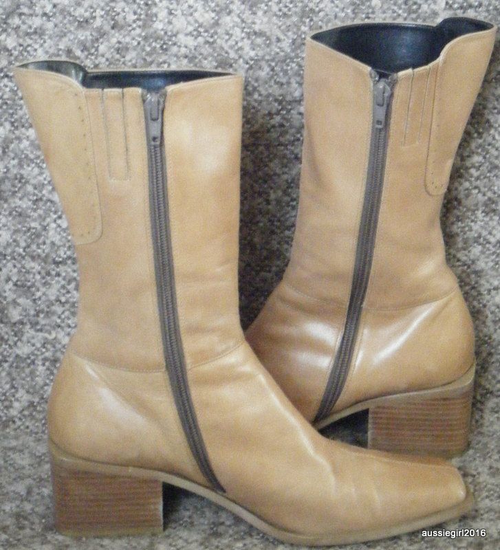 Moda Camel Color Leather Mid Calf Boots SZ 7 Chunky Heel EXCELLENT