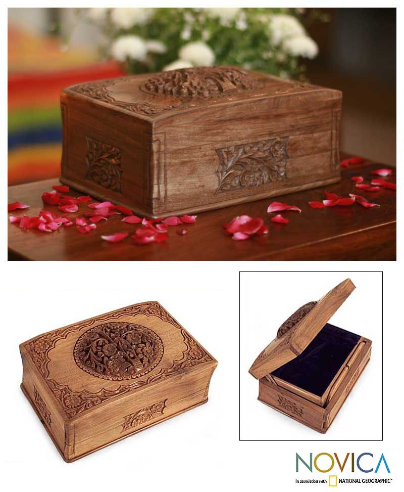 Tree of Life Jewelry Box Hand Carved Walnut SM Chest India Artist 