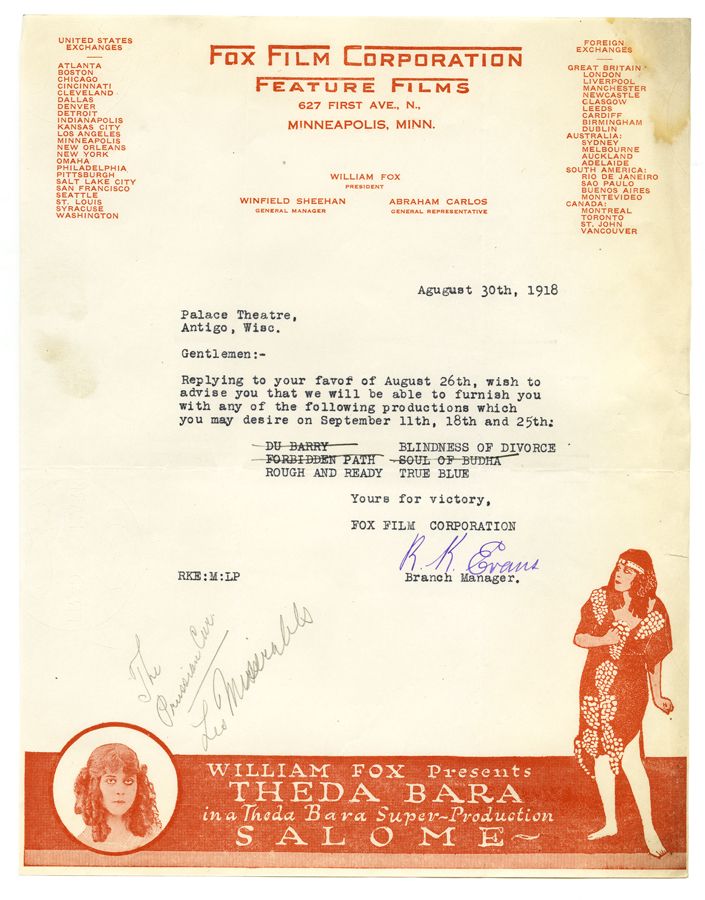 Theda Bara Salome Letterhead 1918 Silent Film Fox Film Contract Palace 