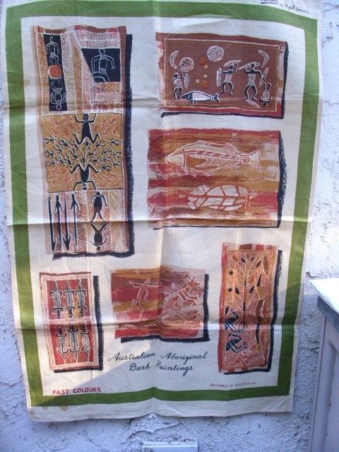 Vintage Linen Tea Towel Australia Aboriginal Bark Designs Neil 