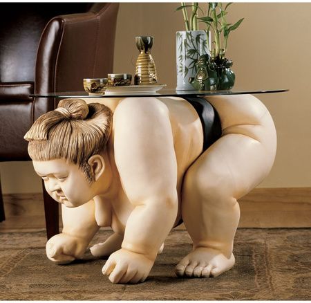 asian sumo wrestler glass topped accent table