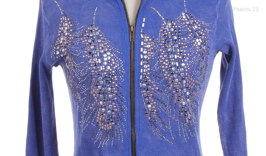 Zip Up Thermal Hoodie with Rhinestones Detail Front Blue S