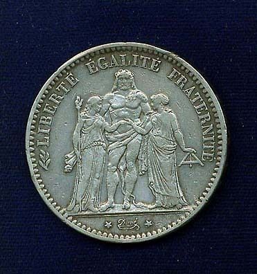 france republic 1875 a 5 francs silver coin xf+ time