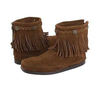 MINNETONKA MOCCASIN 293 DUSTY BROWN FRINGE HI TOP BACK ZIP BOOTS 